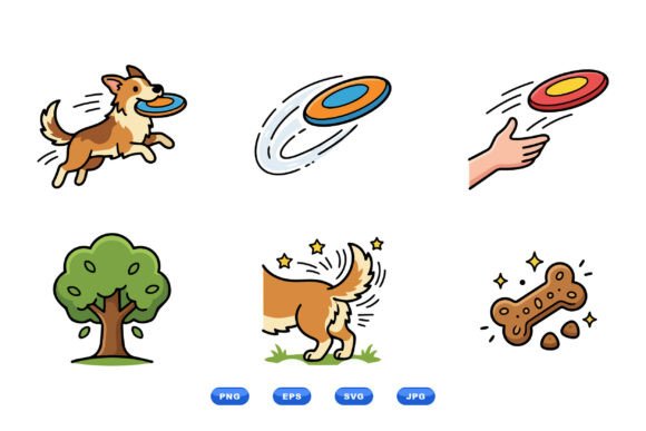 Playful Dog Frisbee Clipart Set